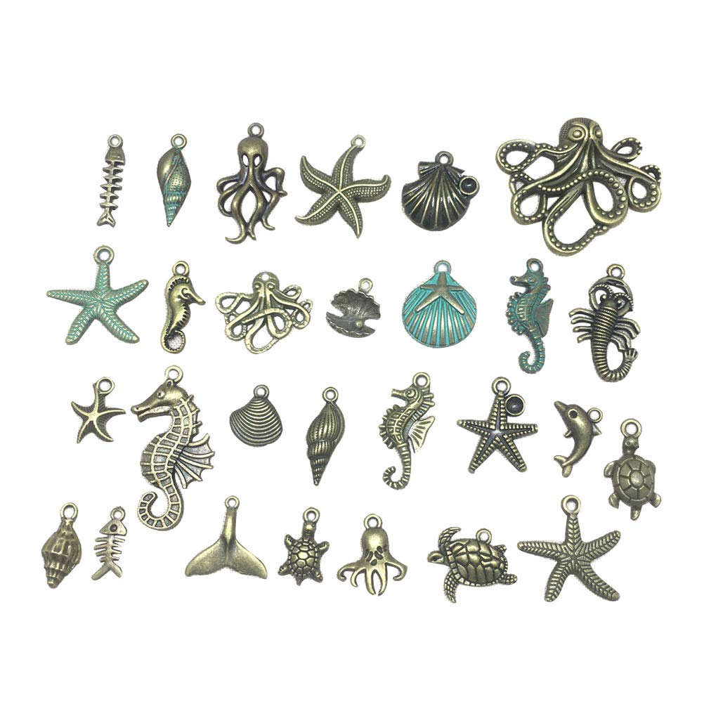 TOYANDONA 56 Pieces Marine Charm Collection Antique Silver Marine Life Pendant Alloy Seashell Sea Stars Fish Jewelry Findings Craft Supplies for DIY Bracelet Necklace