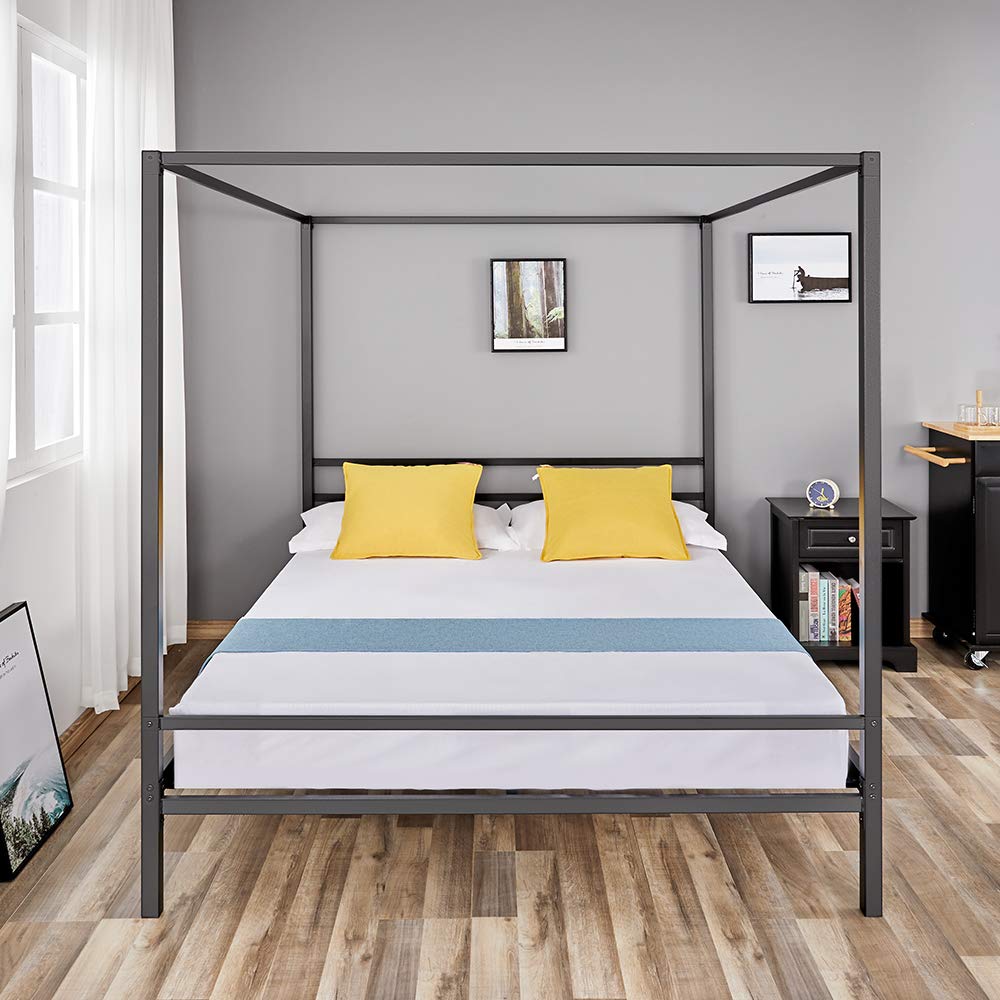 Queen Canopy Bed Frame Metal Platform Queen Four Poster With Metal Frame And Slats Holds Up To 1100 Lbs No Box Spring Needed Queen Size Amazon In Home Kitchen Queen Size Four Poster Canopy Bed