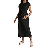 OYOANGLE Women's Maternity Summer Casal Short Sleeve Midi Dress Drawstring Waist Textured Pregnancy T Shirt Dress