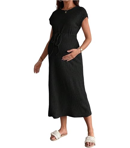 SHENHE Women's Maternity Striped Short Sleeve Drawstring Waist Knee Length Tshirt Dress Black and White Medium at Amazon Women's Clothing store