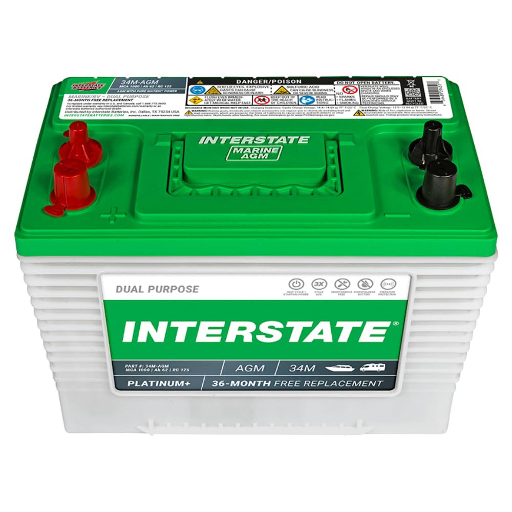 Photo 1 of Interstate Batteries Marine/RV Battery 12V 62Ah 800CCA (34M-AGM) Dual Purpose Power Pure Lead AGM RV & Marine Starting Replacement Battery (Group Size 34M) Boats, RV's