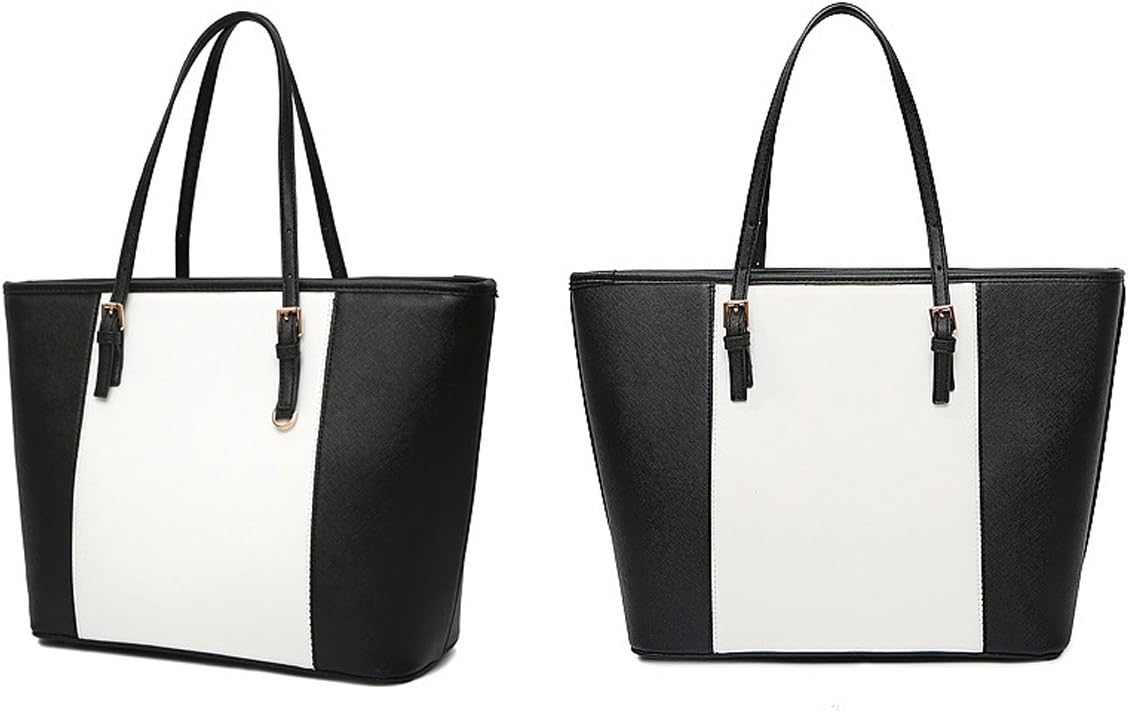 Ladies Designer Leather Style Large Tote Bag Shoulder Satchel Handbag (Black&White) - Image 4