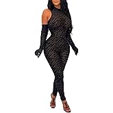sedmoda Women Sexy Bodycon Velvet Jumpsuit Sheer Mesh Patchwork One Piece Party Club Outfits with Gloves