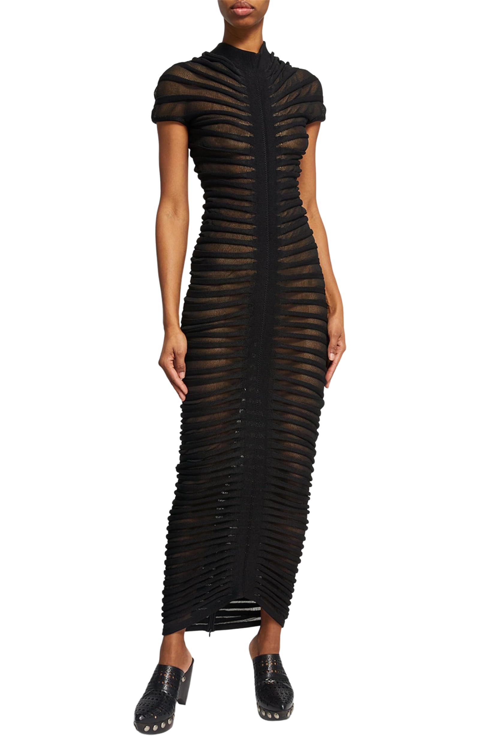 Photo 1 of Atyfuniby Womens Sweater Bodycon Dresses Short Sleeve Crochet Knit Tube Sheer Stripe Mock Neck Midi Dress Black L