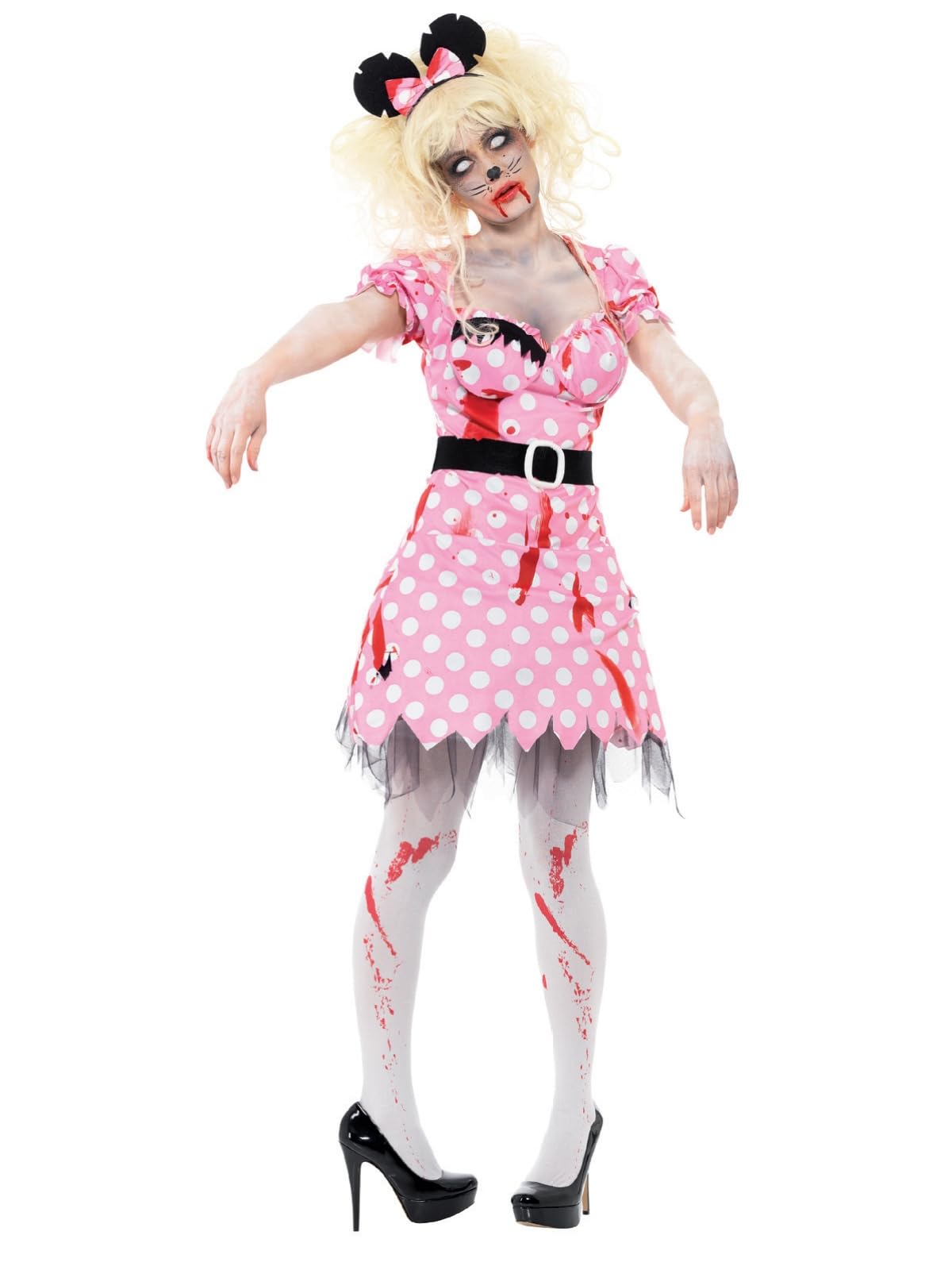 Smiffys Zombie Rodent Costume, Pink with Dress, Belt & Headband, Halloween Zombie Alley Fancy Dress, Zombie Dress Up Costumes