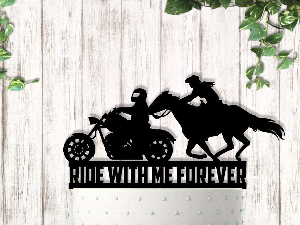 Horse and Harley Biker Motorcycle Cowgirl Ride With Me Forever Wedding Cake Topper