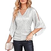 GRACE KARIN Womens Sparkly Sequin Tops,3/4 Sleeve Glitter Party Dressy Blouse,V-Neck Disco Evening Club Concert Shirt