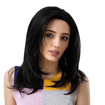 Homyl Wavy Shoulder Length Black Bob Wig Synthetic Natural Party