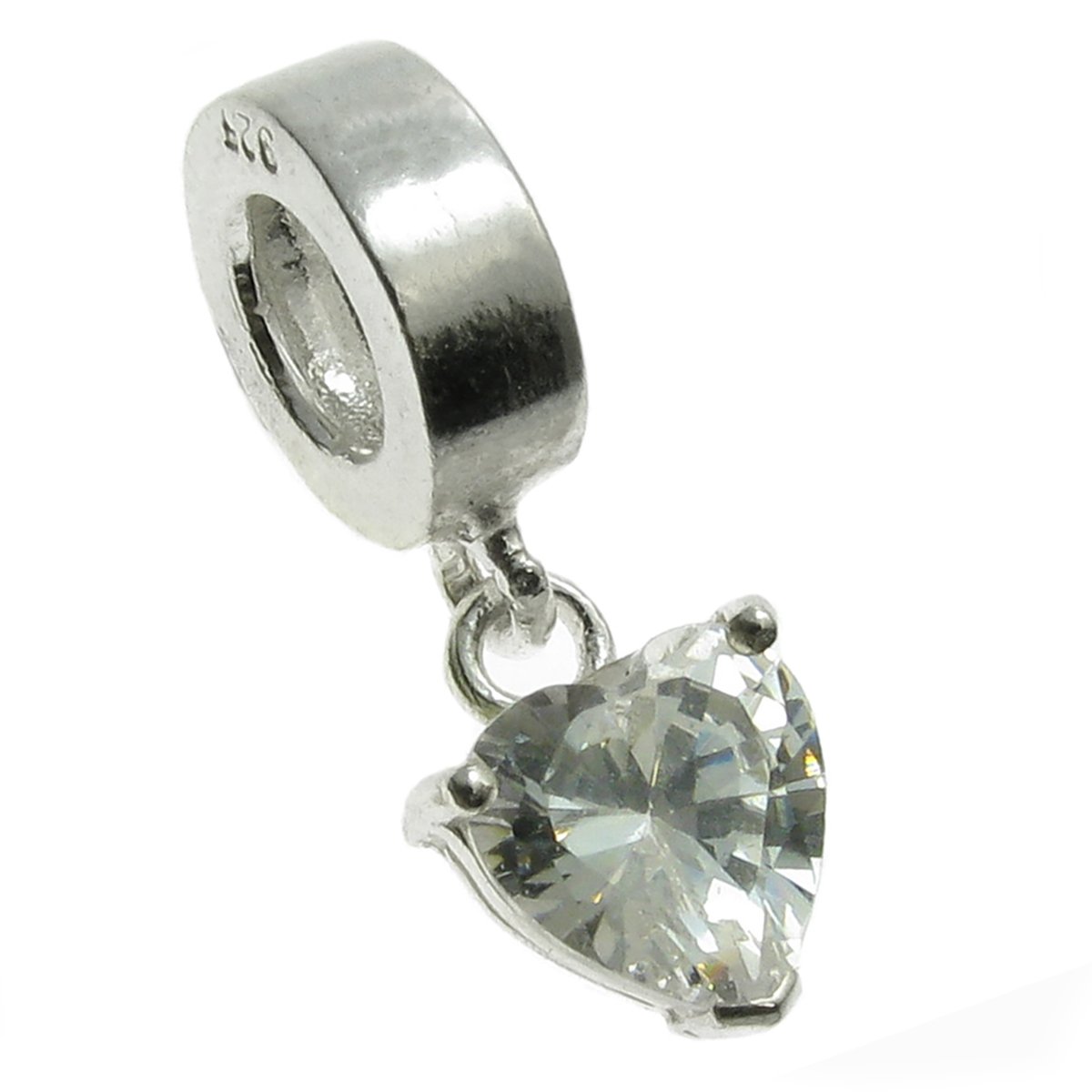 Queenberry Sterling Silver Love Heart Cubic Zirconia European Style Dangle Bead Charm