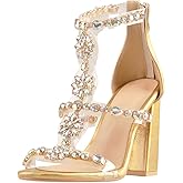 Yolkomo Women's Clear Strappy Rhinestones Gladiator Heels T-Strap Chunky Sandals