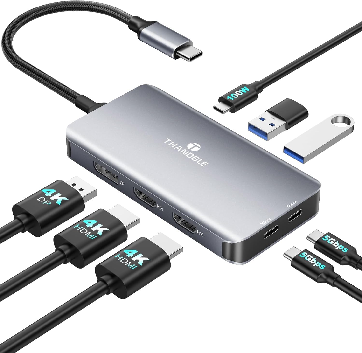 THANDBLE USB C Docking Station Dual Monitor, Laptop Docking Station 3 Monitor, USB C Hub Dual 4K@60Hz HDMI Display with DisplayPort Port, 5Gbps USB-A/C Data Port, 100W PD, for HP/Dell/Lenovo/Laptop