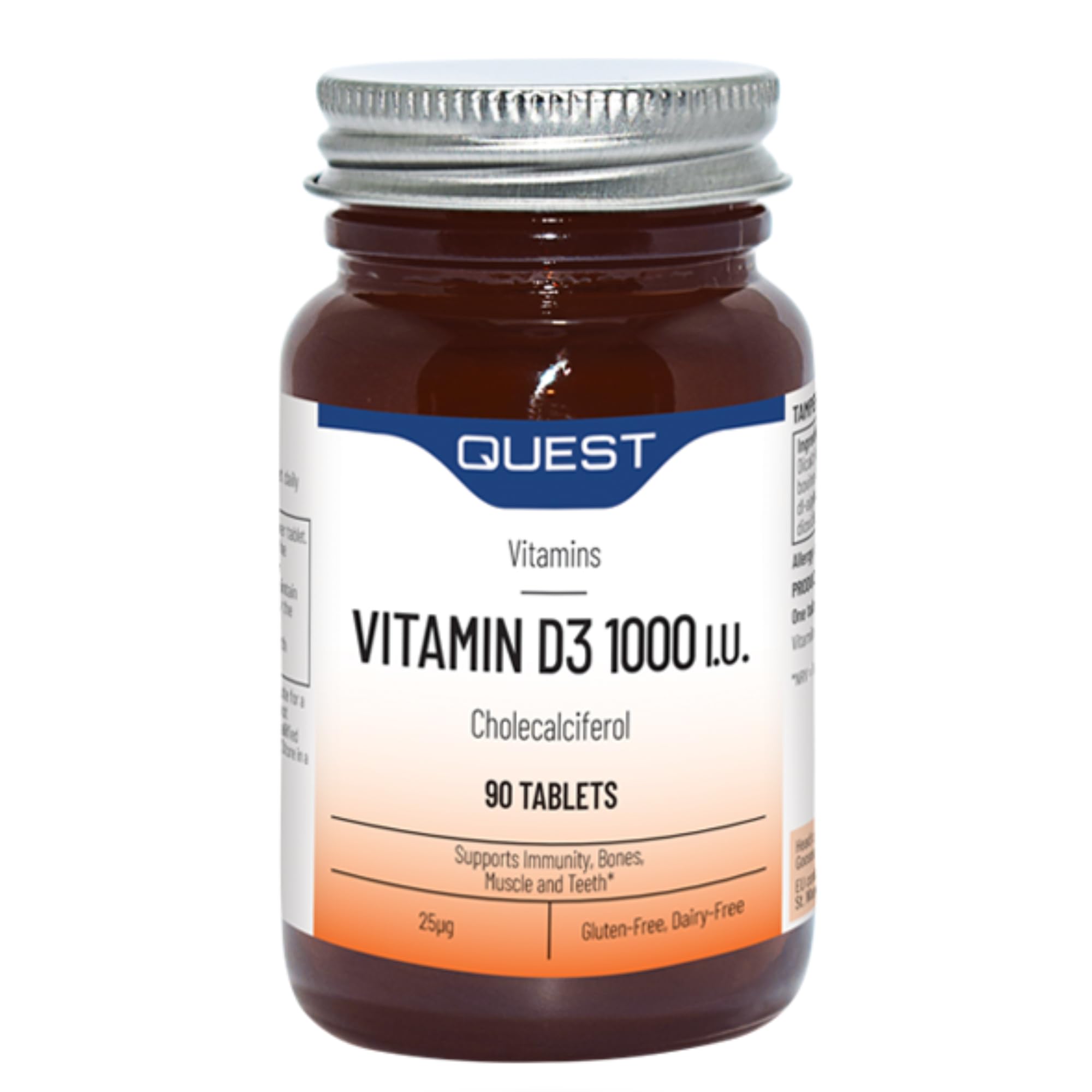 Quest - Vitamin D3 1000i.u High Strength VIT D Supplements Tablets. Easy to Swallow One A Day D3 Vitamin for Immune System, Healthy Bones, Teeth and Muscles (90 Tablets)