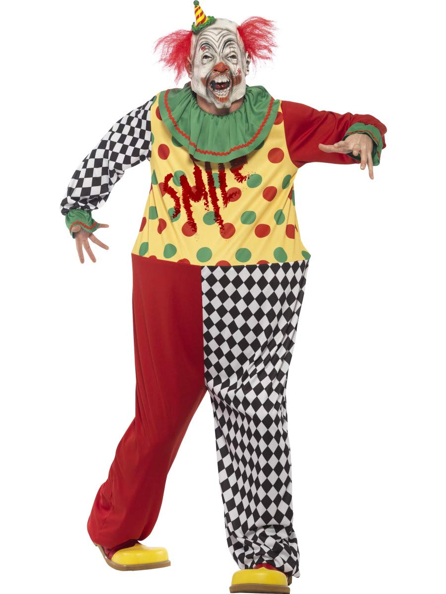 Smiffys Sinister Clown Costume, Black with Hooped Jumpsuit & Latex Full Overhead Mask, Halloween Cirque Sinister Fancy Dress, Clown Dress Up Costumes