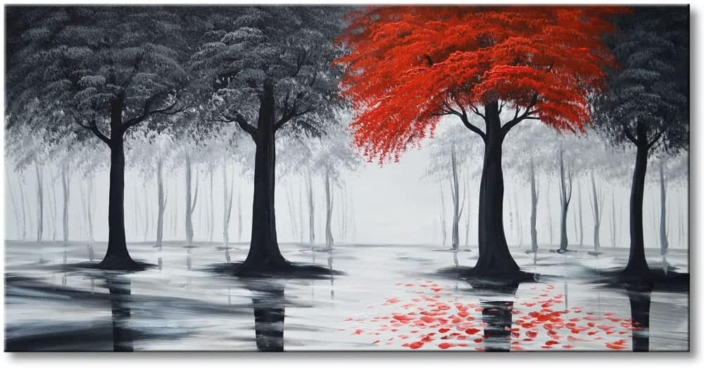 Paintings - Everfun Art Hand Painted Landscape Oil Painting On Canvas Modern Contemporary Black and Red Forest Wall Art Stetched Abstract Tree Artwork for Living Room Framed Ready to Hang ( 48x24 inch)