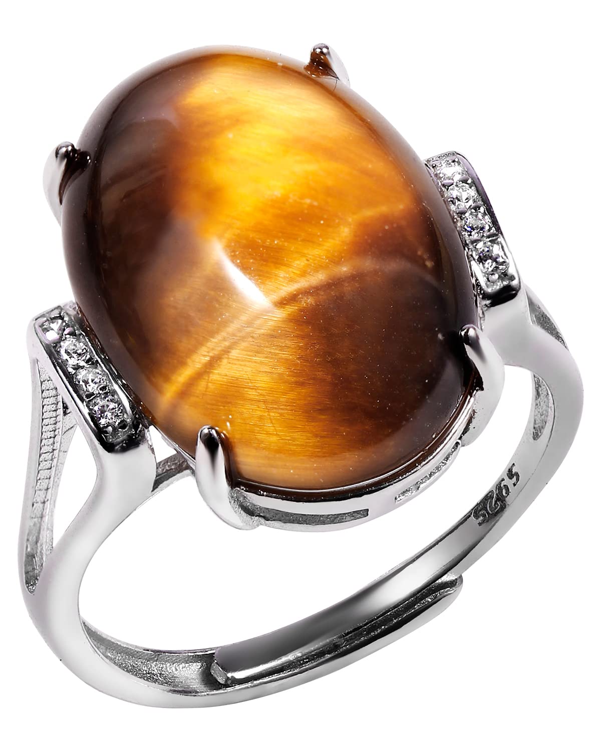 Jewboo 925 Sterling Silver Rings for Women Men Genuine Tiger Eye Stone Anxiety Ring Open Adjustable Unisex Jewelry (7-10#)