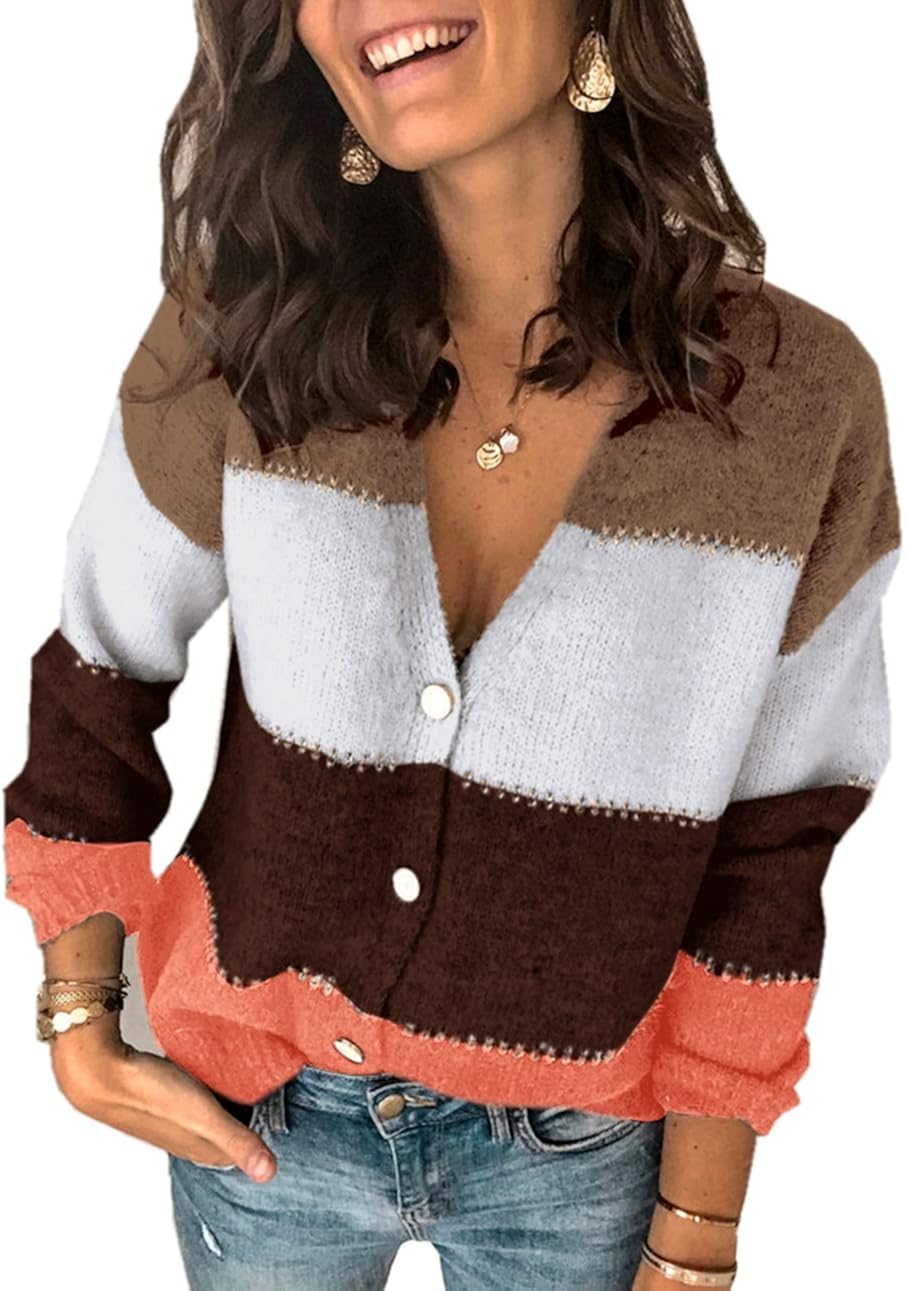 Asskdan Women's V Neckline Button Down Knitwear Lantern Sleeve Basic Knit Cardigan Sweater Tops at  Women’s Clothing store