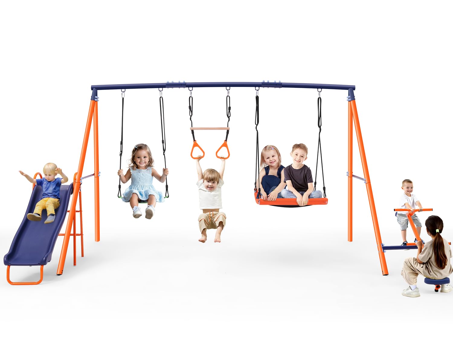 SIHANM Swing Sets for Backyard with Slide 700 lbs - Outdoor Swingset Playground Set for Kids 3-12, Larger Metal Playset with 2 Adjustable Swings, Ring Trapeze Bar, Teeter-Totter & 5ft Wave Slide