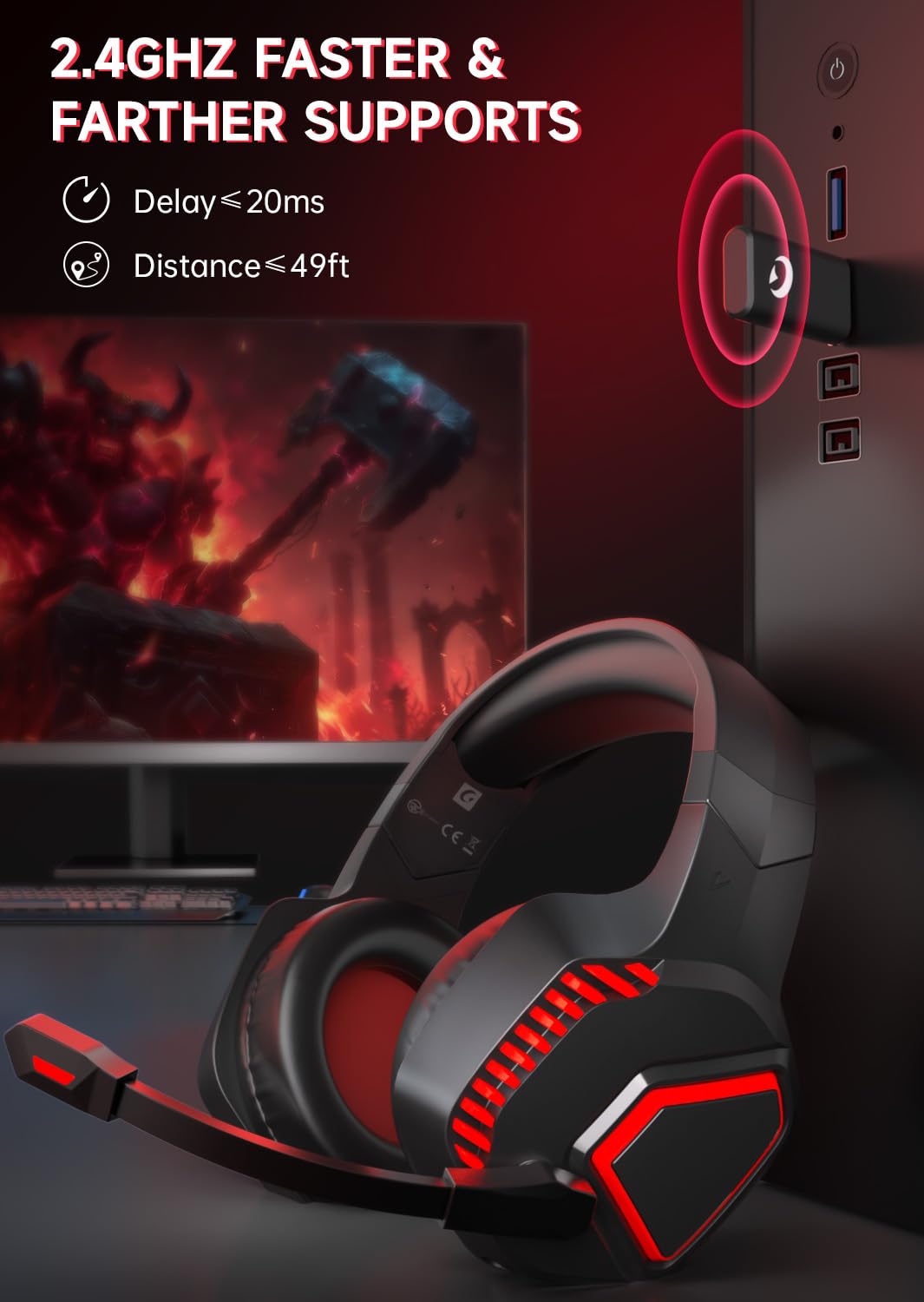 Gvyugke Wireless Gaming Headsets for PS5, PS4, Mac, Switch, PC, Computer - 2.4GHz & Bluetooth 5.2 Gamer Gaming Headphones Wireless, ENC Noise-Canceling Mic, 50MM Drivers, Red