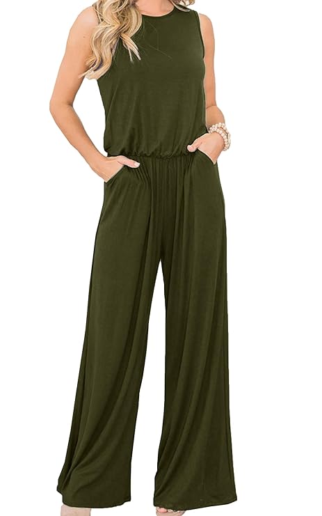 SPec4Y Damen Sommer Lange Jumpsuit Rundhals Einfarbig Overall Kordelzug Casual Hosenanzug Jogginganzug mit Taschen