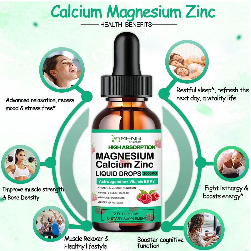 AMENQ hHEALTH Calcium Magnesium Zinc with Magnesium Glycinate 400mg Plus Vitamin C D3 K2 Liquid Drop, High Potency Liquid Calcium Magnesium Supplement for Bone, Muscle, Immune, Mood, Sleep