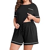 Lastshe Women Plus Size Pajama Sets Knit Soft 2 Piece Short Sleeve Shorts with Pockets Pjs Lounge Set Loungewear
