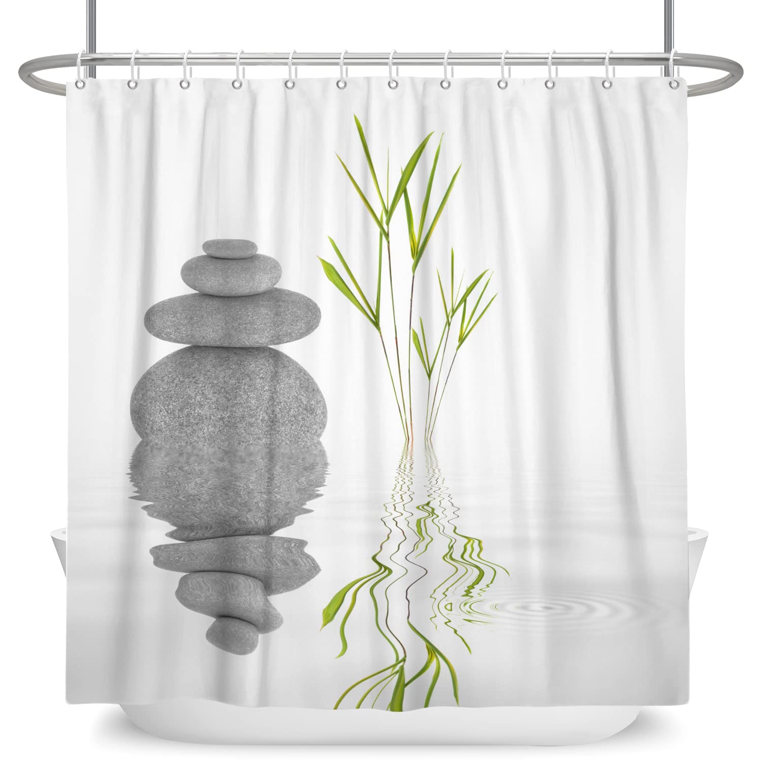 SDOTPMT 55x72inch Basalt Stones Bamboo Leaves Shower Curtain Spa Japanese Theme Zen Meditation Bath Curtain White Background Bathtub Curtain for Bathroom Decor Fabric Polyester with Hooks