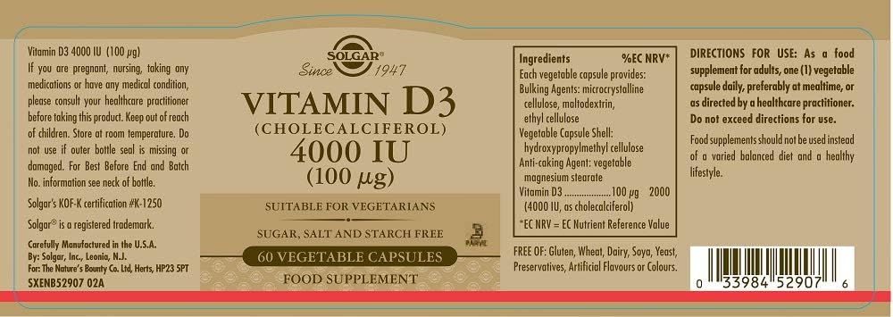 Solgar Vitamin D3 4000 IU (100 µg) Vegetable Capsules, 60 Count (Pack of 1), Cholecalciferol, Keeps Bones and Teeth Healthy - Image 3