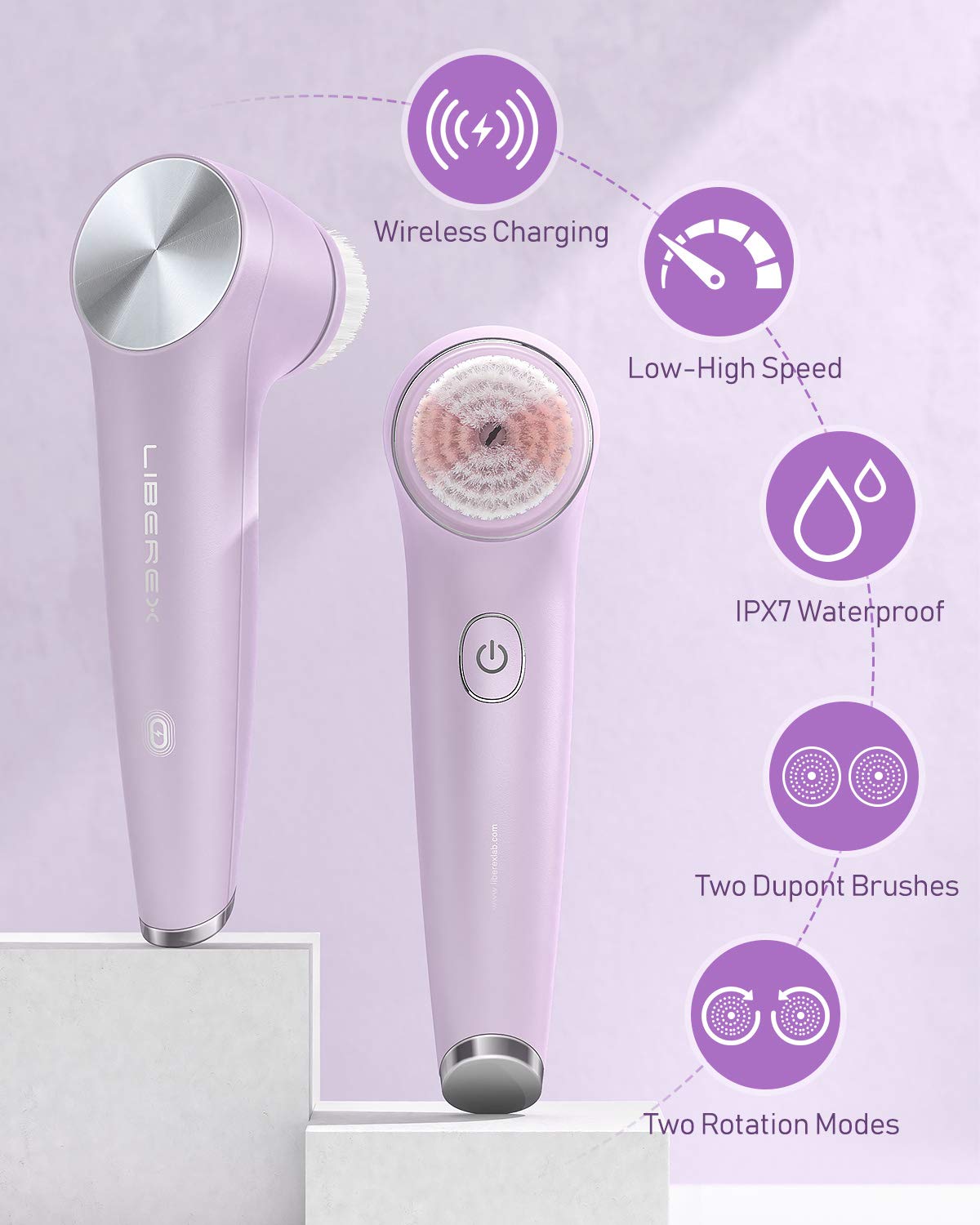 Liberex KC-5200 Spin Facial Cleansing Brush - Bi-directional Rotation Mode Face Brush with IPX7 Waterproof, Wireless Charging, 2 Different Brush Heads for Sensitive, Mixed and Oily Skin: Beauty