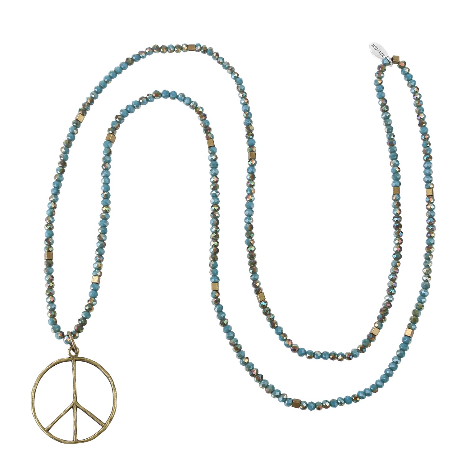 KELITCH Classic Peace Pendant Necklace Love Hippie Frosted Crystal Beaded Necklaces (Bling Green S)