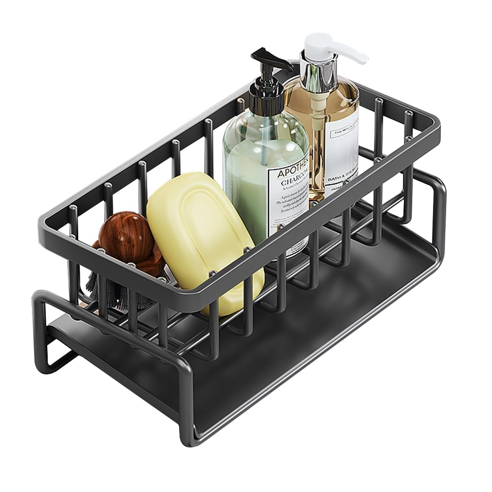 SMYJDMM Kitchen Sink Organiser - Dishcloth Hanger, Sink Caddy Organizer with Self Draining Tray for Kitchen and Bathroom (Black)