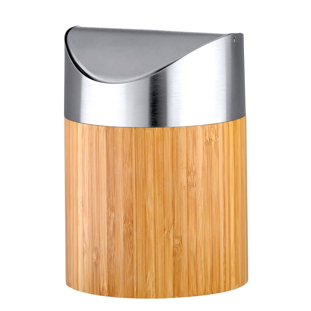 axentia Bonja 116809 Cosmetic Bin Bamboo and Stainless Steel Matt Brushed Swing Lid Bin Small Cosmetics Mini Rubbish Bin with Insert Bathroom Waste Bin 0.8 Litres Silver / Wood Colours 12 x 12 x 16.5 cm