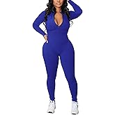 chicyes Women's Sexy Bodycon Long Sleeve Zipper Ribbed One Piece Pants Rompers Jumpsuits Royal Blue