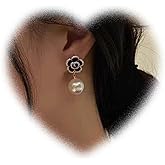 W WEILIRIAN Vintage Pearl Dangle Earrings Black Flower Earrings Crystal Flower Stud Earrings Pearl Drop Earrings Pearl Flower Earrings Jewelry for Women and Girls Gifts