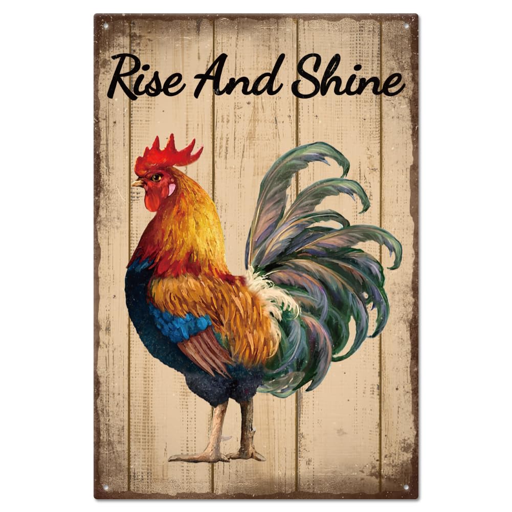 GLOBLELAND Vintage Metal "Rise and Shine" Tin Sign Plaque Poster 8×12inch Retro Chicken Metal Wall Decorative Tin Signs for Home Kitchen Bar Coffee Shop Club Orchard Decoration