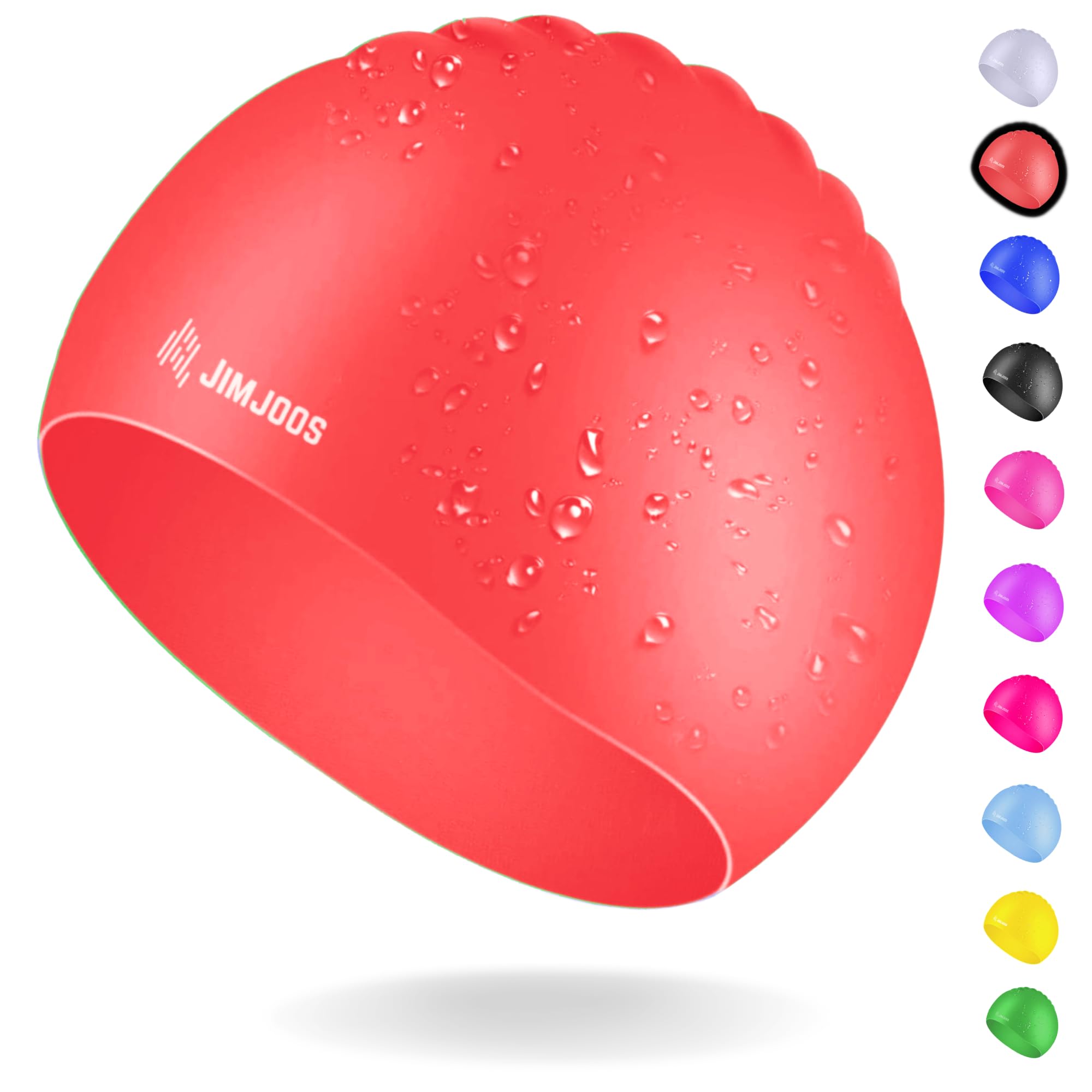 JIMJOOS Kids Swimming Cap 3–14 Years - Silicone Swim Cap for Boys & Girls - Anti-Slip, Stretchable, Waterproof Swimming Hat - Durable, Odour-Free Swim Hat with Protective Pouch (RED, 3-8 Years) — image 1