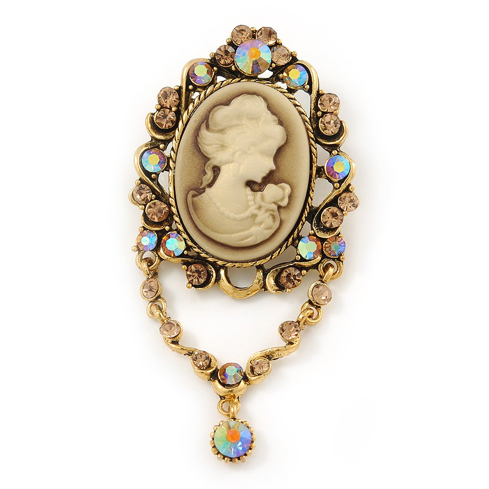 Vintage Inspired Champagne/AB Crystal Cameo with Charm Brooch/Pendant In Antique Gold Tone - 75mm L