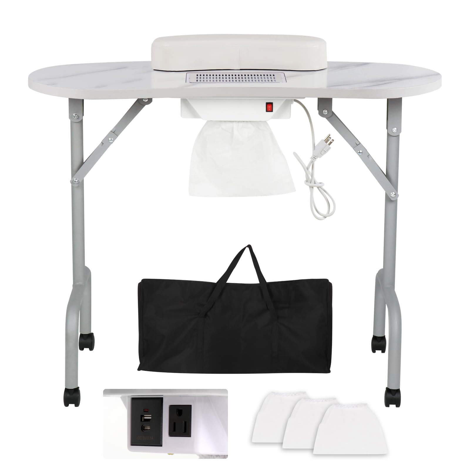 Photo 1 of *USED*
AGESISI Portable Manicure Table Foldable Nail Desk with Charging Station & Dust Collector Professional Nail Tech Table for Technician Spa Salon Workstation, Wrist Pad 4 Lockable Wheels, White Marbled