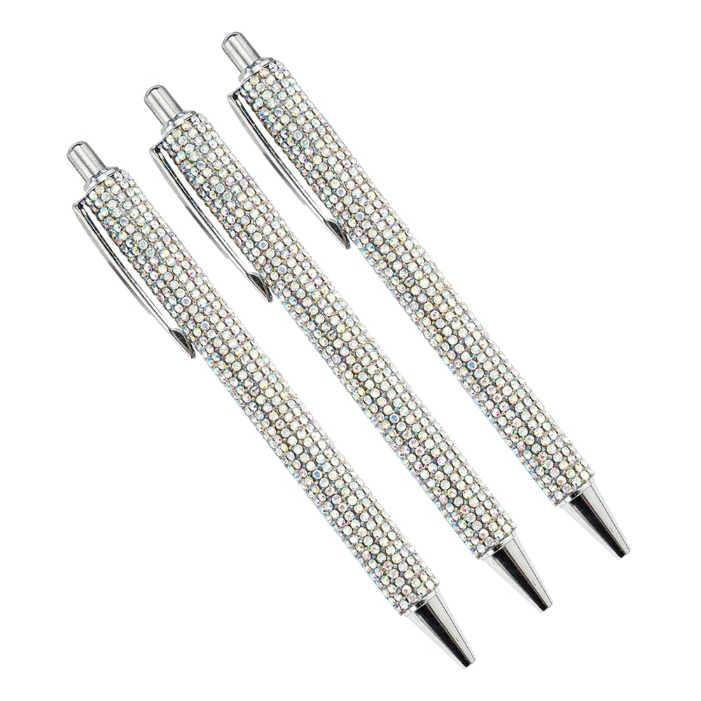 JIHUOO 3 Pcs Bling Crystal Pens Rhinestone Ballpoint Pens Click Retractable Pen Glitter Metal Pen Office Supplies for Women AB color