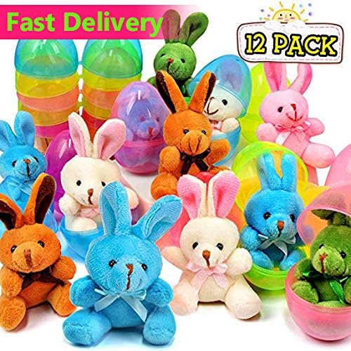 Easter Eggs Fillers 【24Pcs】 12 Plush Bunnies + 12 Surprise Eggs 3" for Easter Basket Stuffers Hunt Games Girls and Boys Easter Toys Gifts Party Favors