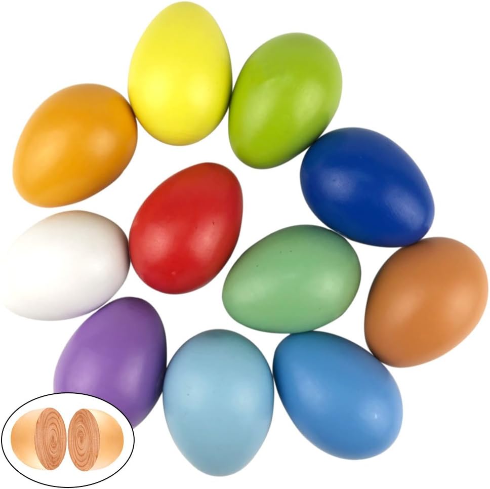 SHAN RUI 12pcs Colorful Wooden Fake Eggs Easter Eggs 2.4" Tall (White, Green, Log)
