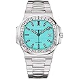 PINDU Automatic Watches for Men, Square Diamond Watch Stainless Steel Strap Skeleton Self-Winding Mechanical Watch Wrist Watch Gift for Men
