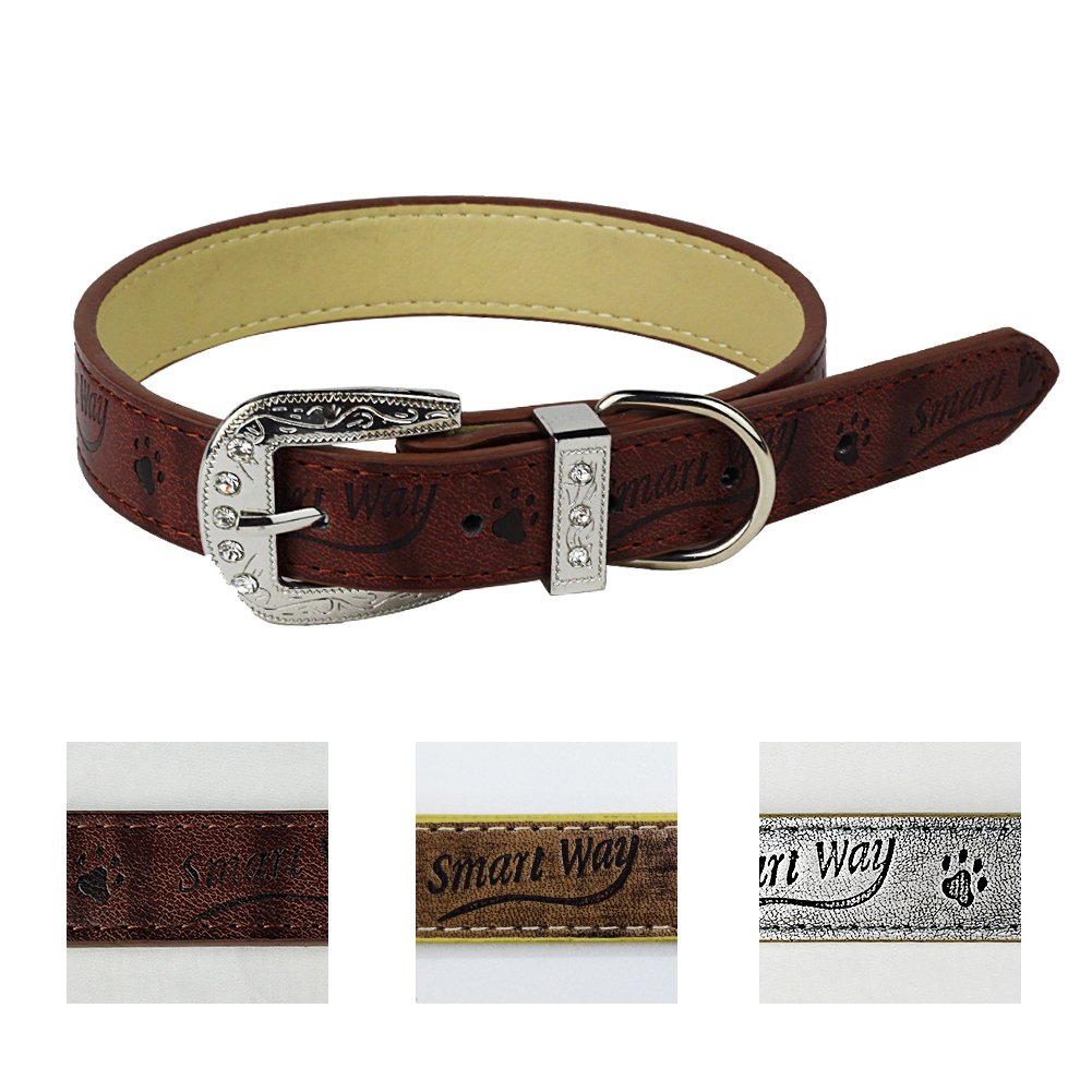 Nuheby Leather Dog Collar Strap Adjustable Soft Sturdy Pet Collars Buckle with Diamond Deluxe Well-Designed 21 Inches Long x 1 Inch Wide for Female Male Dogs (Brown)