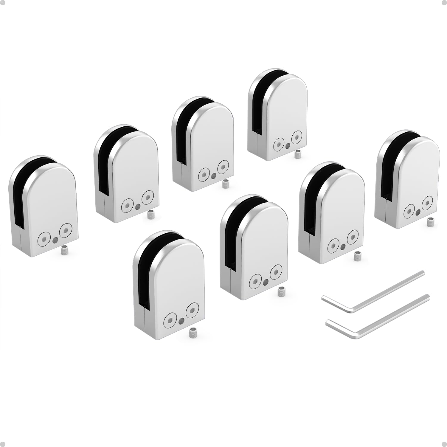 ROFMAPLE Glass Clamps, 8 PCS 10-12mm Adjustable Stainless Steel 304 Glass Bracket Flat Back with Micro-Adjust Screws, Hexagonal Wrench for Balustrade Stair Handrail
