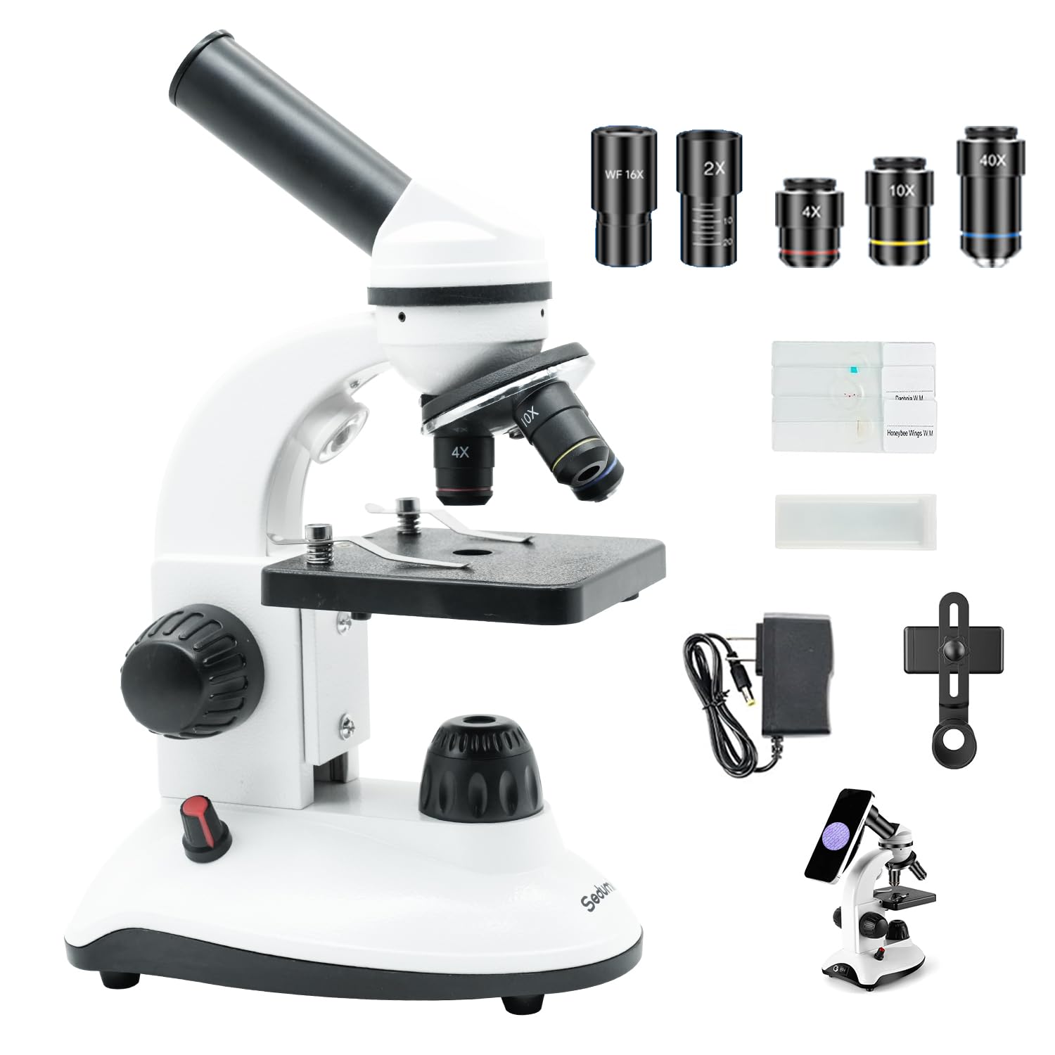 Photo 1 of Microscope for Kids Starter Adults 64X-1280X Metal Monocular Microscope for Students School Home Education LED Lights Phone Holder Microscope Kit