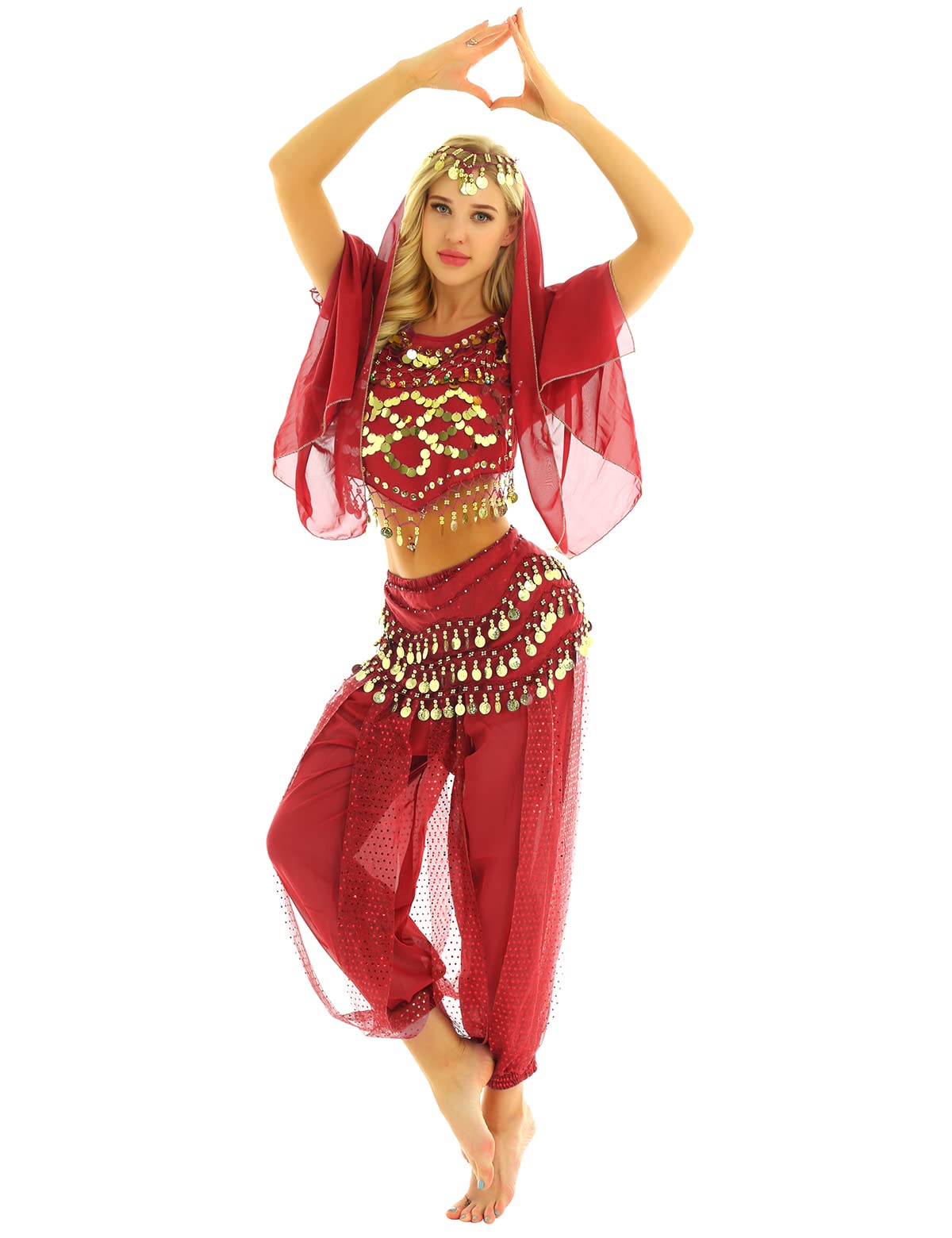 inlzdz Women Ladies 2PCs/4PCs Indian Dance Dress Belly Dance Outfits Halloween Fancy Dress Costumes Red One Size