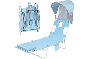 MINNDUDU Backpack Beach Tanning Chair with Canopy Sun Shade & Face Hole, 6 Position Folding Lounge Sun Chair for Adults Outside Reading Sunbathing Poolside Camping Lawn, UPF 50+, Patent Design