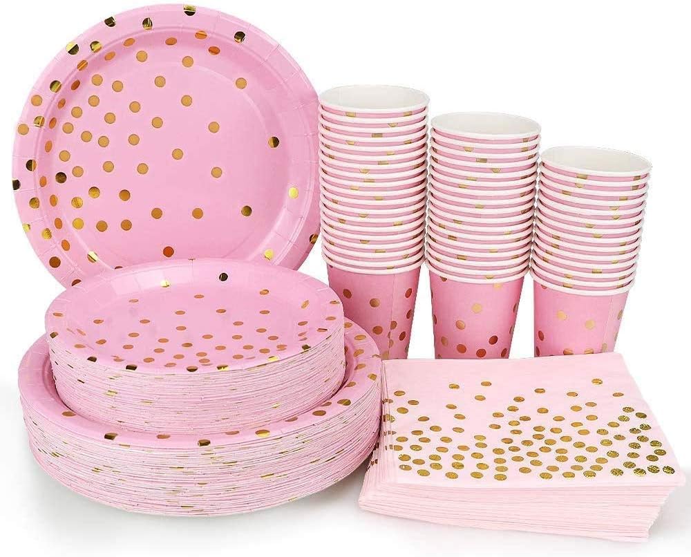 Pink and Gold Party Supplies 200PCS Disposable Pink Paper Plates