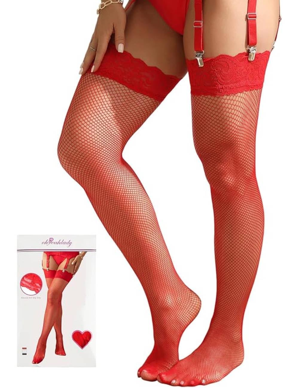 Photo 1 of ohyeah Plus Size Thigh High Stockings Red Fighnet Stockings for Women Antiskid Silicone Stay Up Fishnet Lingerie Lace Top Pantyhose Nylon Hosiery Valentine Stockings