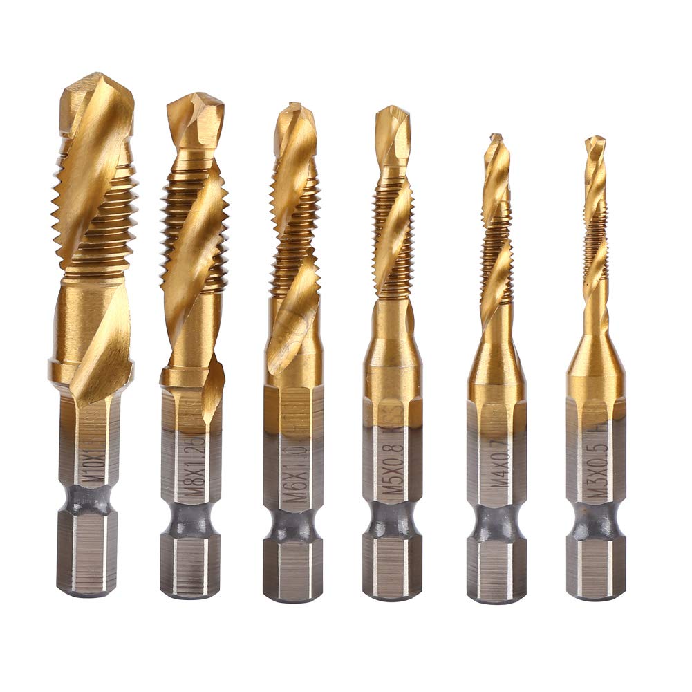Hilitand 6pcs HSS Tap Drill Bit Set, 2 in 1 Combination Drills and Taps Set, M3 M4 M5 M6 M8 M10 Titanium Coated HSS Metric Hex Shank Screw Taps Tool Set