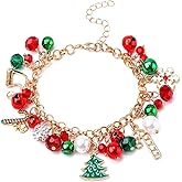 Christmas Tree Snowflake Red Green Crystal Jingle Bells Beaded Charm Bracelet for Women Adjustable Link Chain Stackable Delicate Xmas Festival Holiday Party Jewelry Friendship Gift Stockings Stuffers